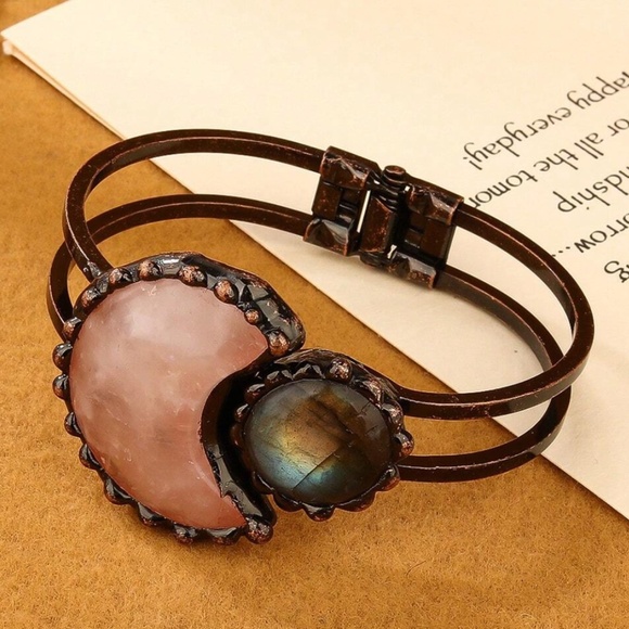 Boho Rose Quartz Statement Moon Copper Tone Cuff Bracelet - Picture 3 of 7